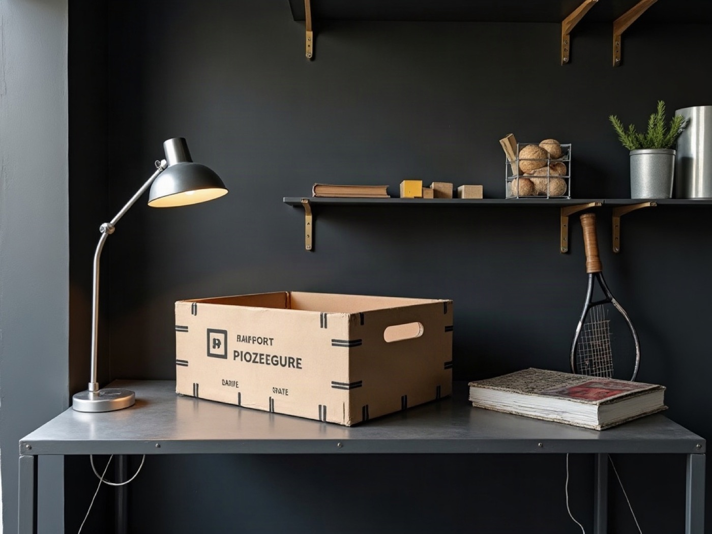 Receiving desk at 7 Toop Street with a crate, a book, and a tennis racket on the wall