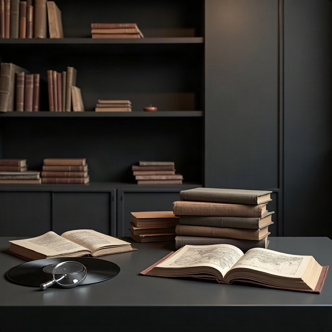 Clothbound books, an open atlas, and a silver magnifying glass