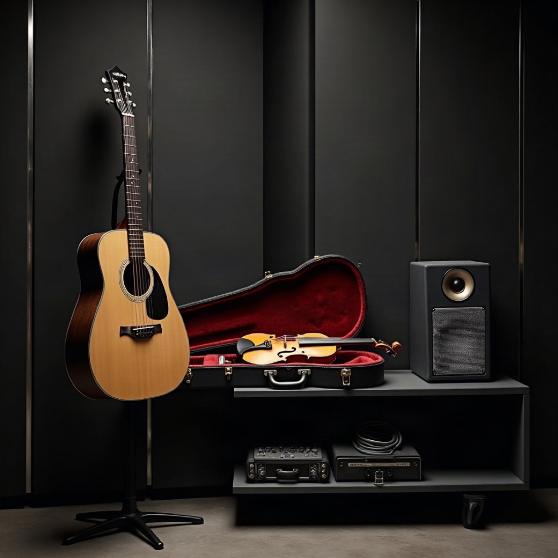 Acoustic guitar on a stand beside an open violin case
