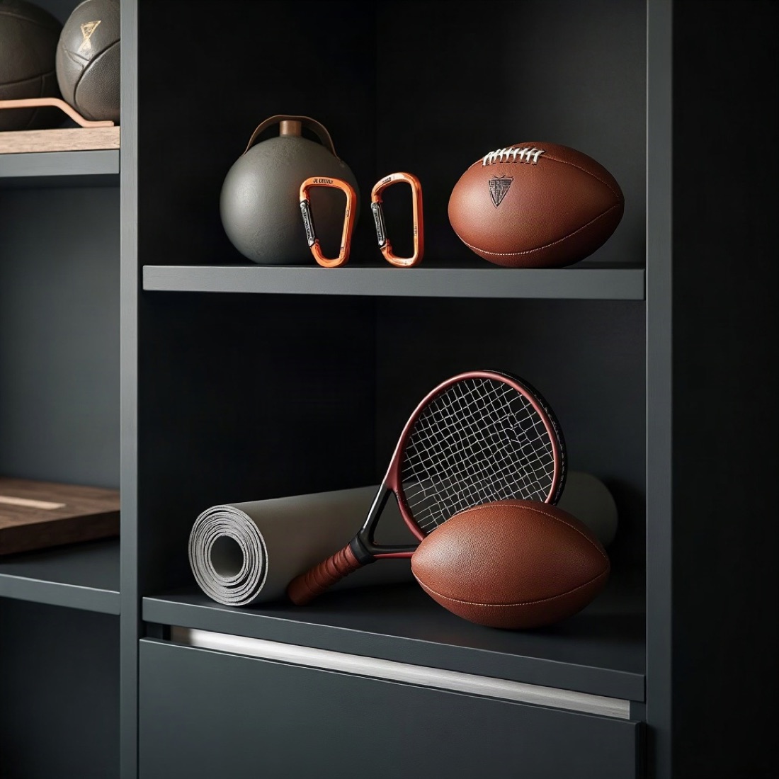 Leather footballs, a tennis racket, and climbing carabiners on graphite shelves
